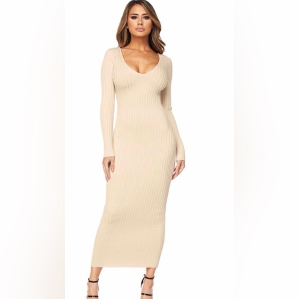 House of CB Cream Ribbed Long Sleeve Dress